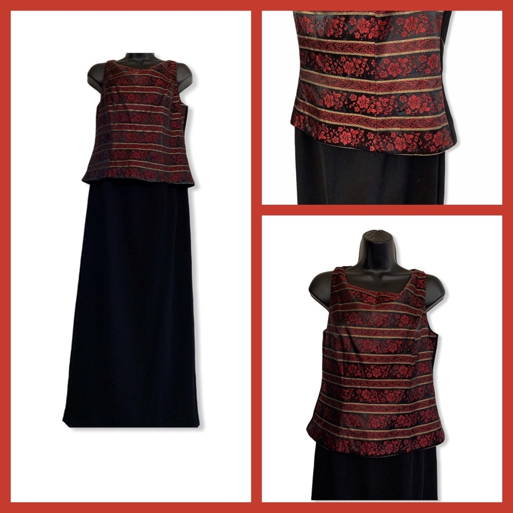 Jessica Howard Vintage Long Sleeveless Brocade Metallic Thread Faux 2 Piece Look